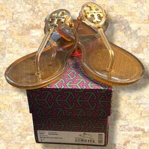 Women's Size 5 TORY BURCH Mini Miller Flip Flop Sandals Tan Clear Jelly EUC IOB